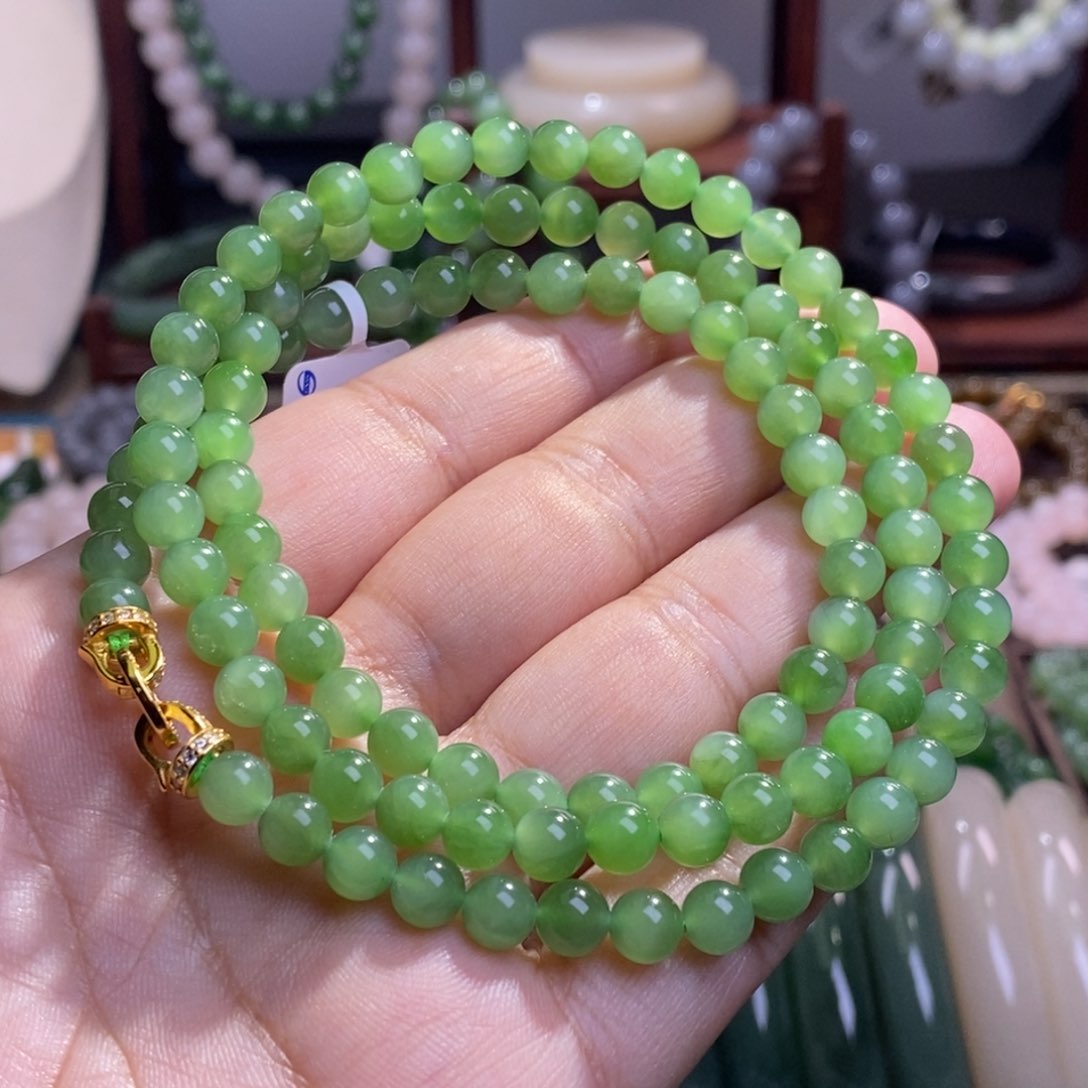 和田玉碧玉老矿料高冰阳绿猫眼圆珠珠链6m未镶嵌