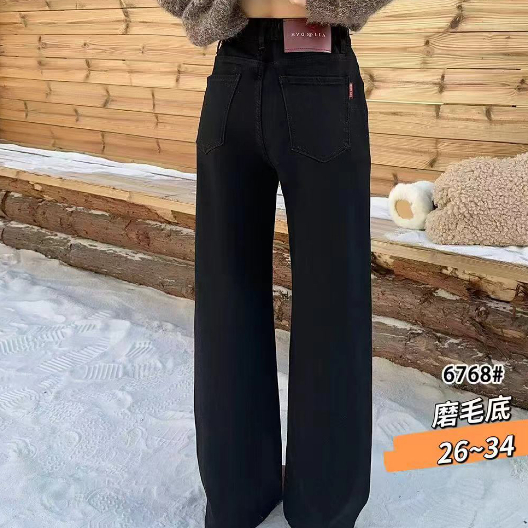 伊腾显瘦百搭时尚黑色加磨毛直筒裤