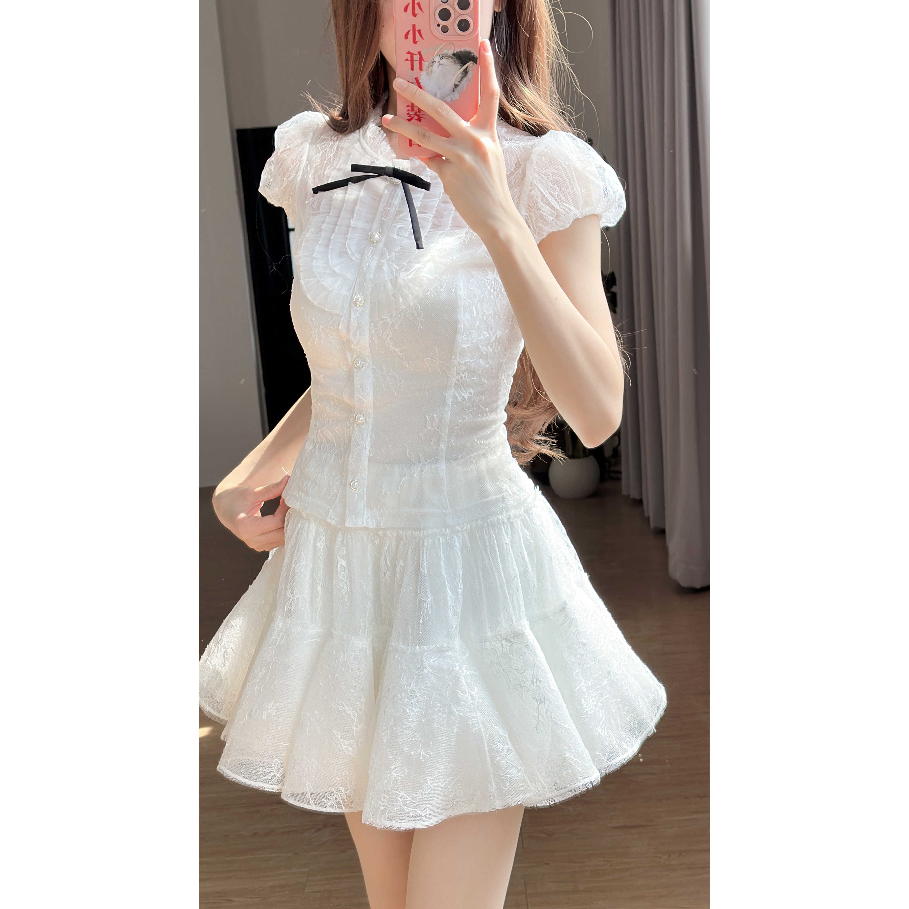 小小仟  中古情书 赵露思同款 蕾丝衬衫蛋糕长裙套装女