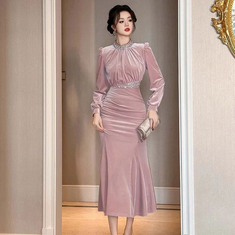 A1761亮片拼接收腰鱼尾连衣裙