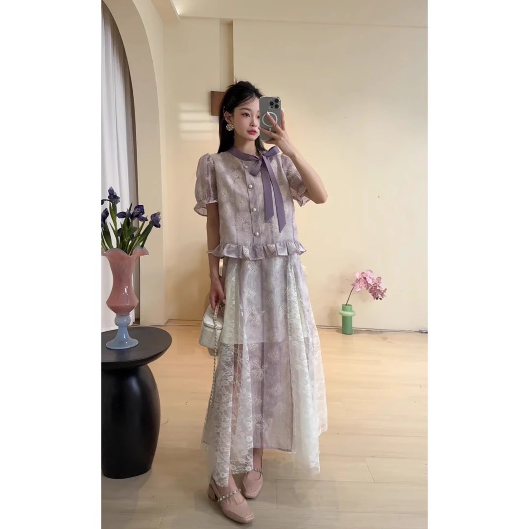 轻奢高级感紫色套装裙女2025夏款上新小众炸街气质衬衫半裙两件套