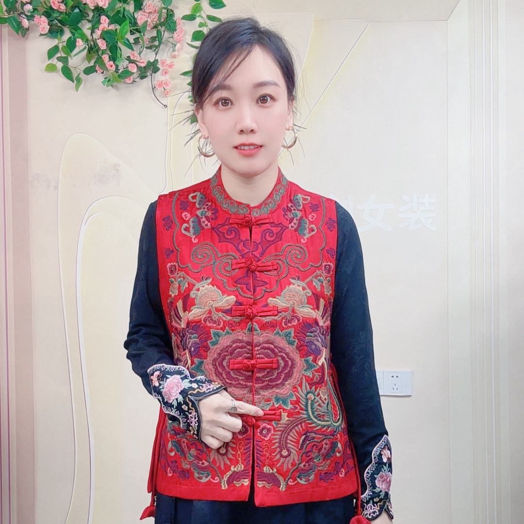 雪儿 新中式国风凤凰牡丹花刺绣坎肩丝缎提花马甲盘扣马夹1515