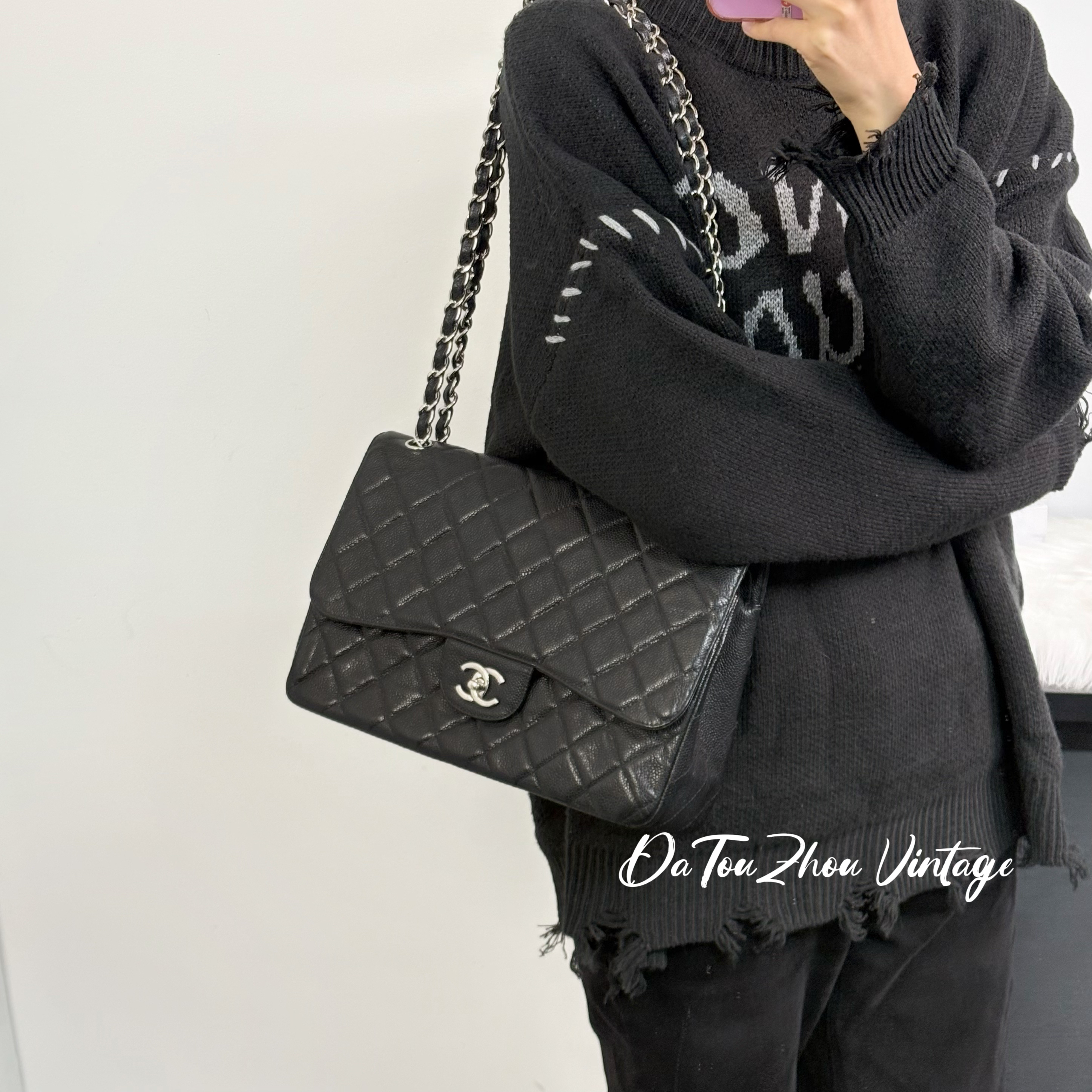 95新 Chanel/香奈儿 黑银鱼子酱牛 cf jumbo斜挎包amr