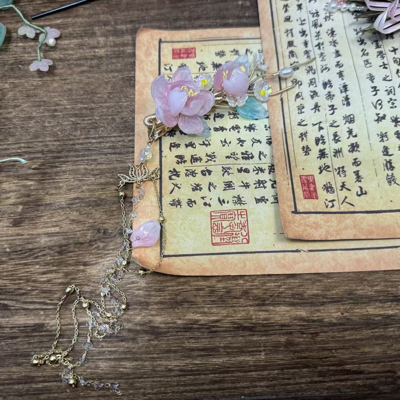 流苏仿天然石粉发夹。前尘梦古风汉服配饰