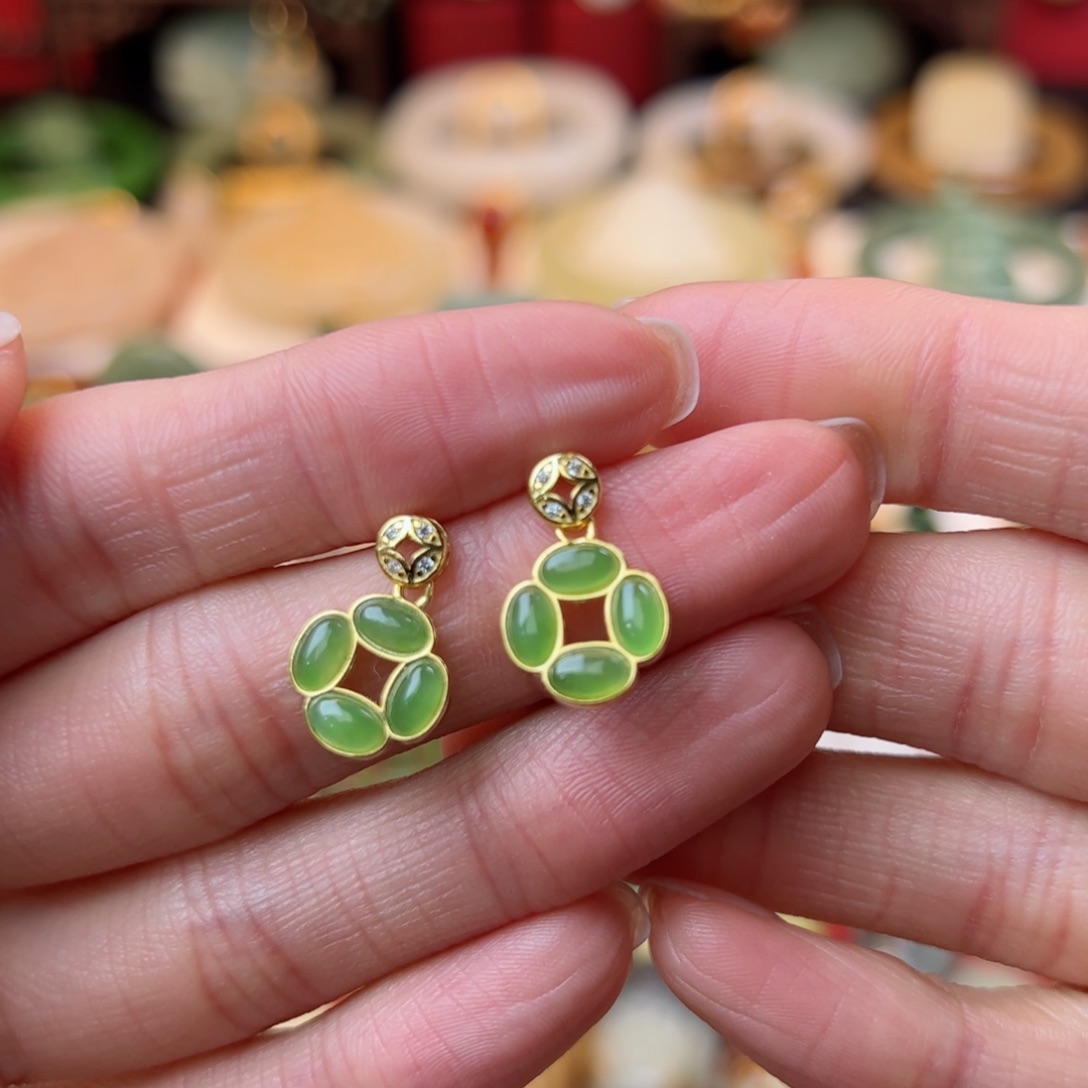 和田玉耳饰银S925镶嵌