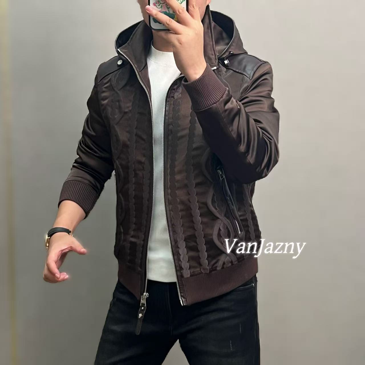 【VanJazny】秋季新款潮流轻奢男士拼皮可拆卸帽夹克外套8097