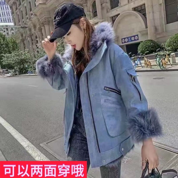两面穿女外套皮夹克外套女款带毛领外套