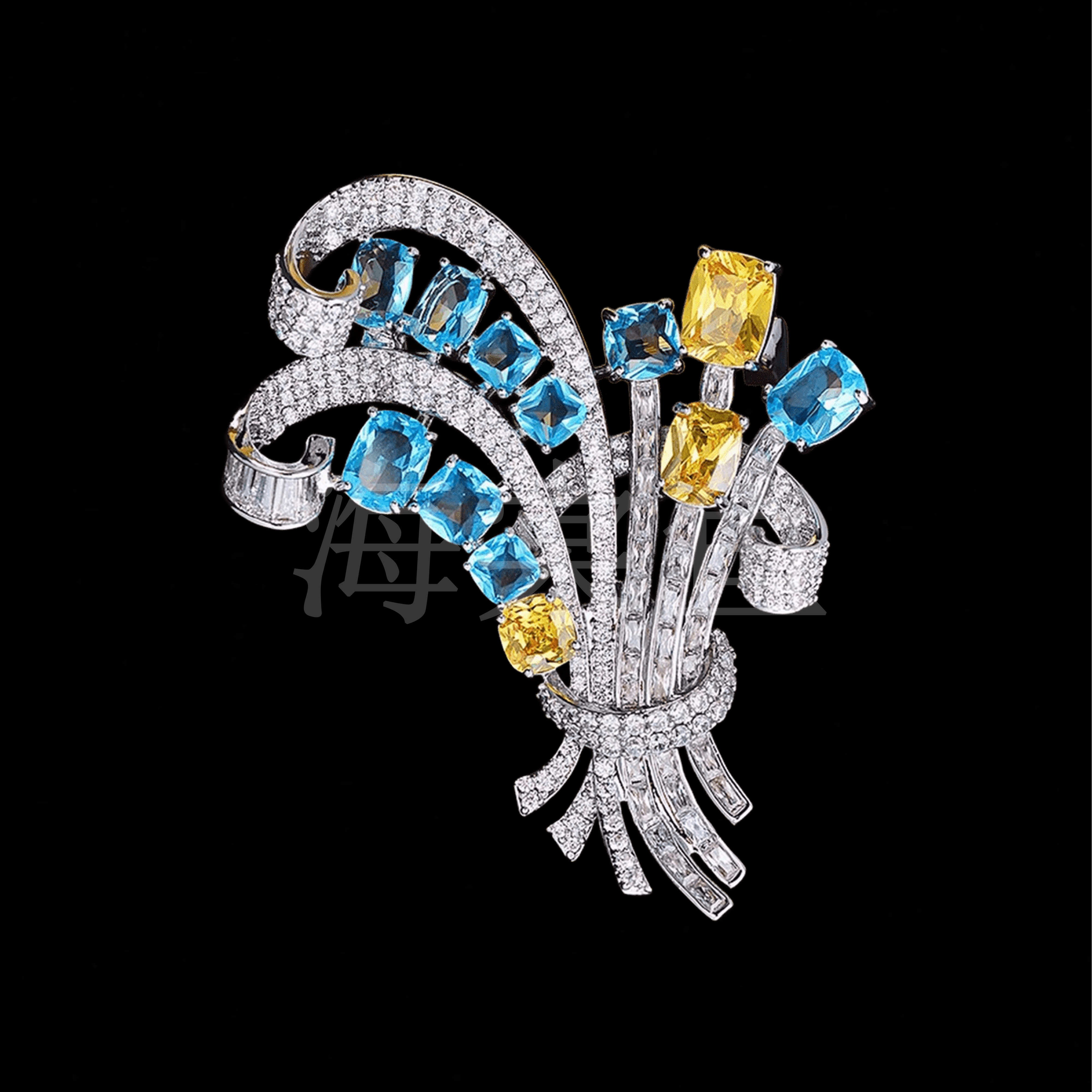 铜合金合成锆石胸针 时尚气质百搭银蓝花束胸针6367