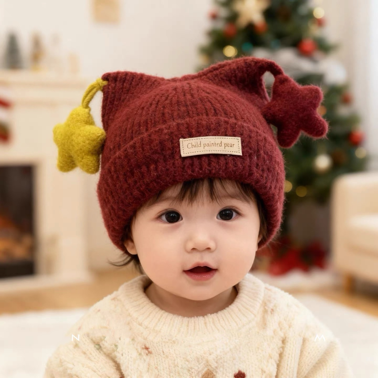 森系可爱儿童童趣可爱萌萌哒五角星针织帽男女宝宝套头保暖针织帽