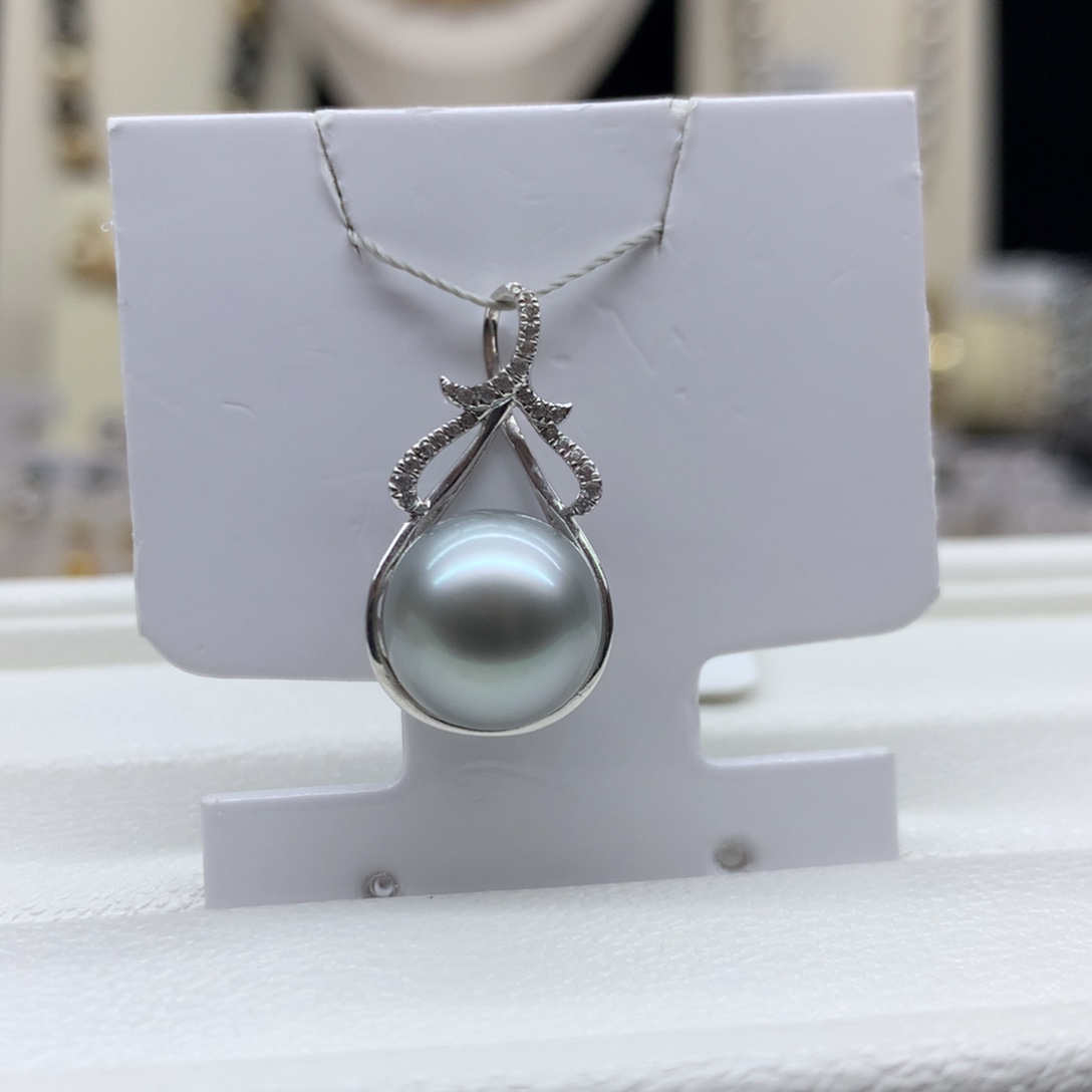 海水珍珠18K金镶嵌颈饰11.7mm铂金灰吊坠