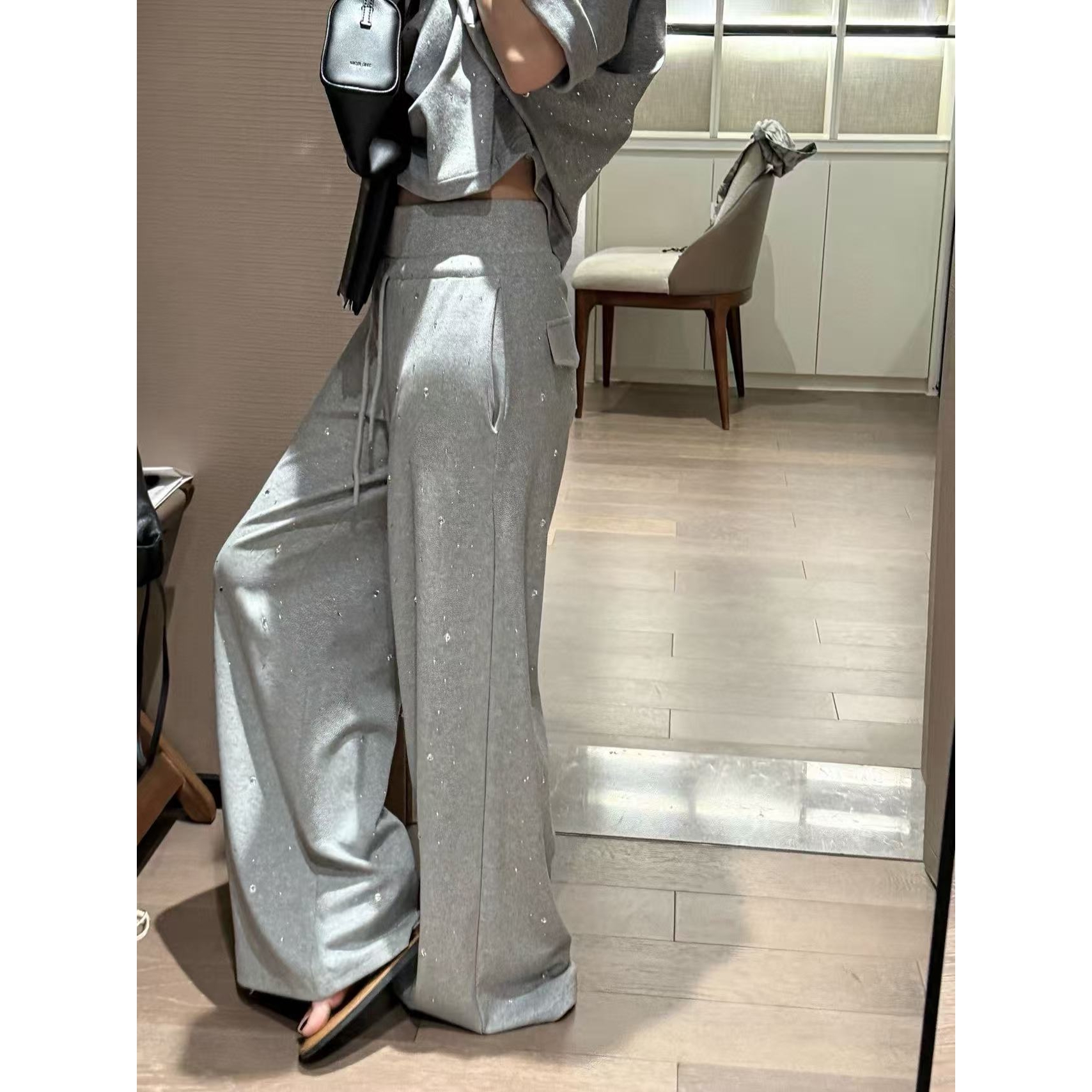 SP 重工灰色烫钻运动卫裤女夏季新款慵懒直筒小阔腿休闲长裤