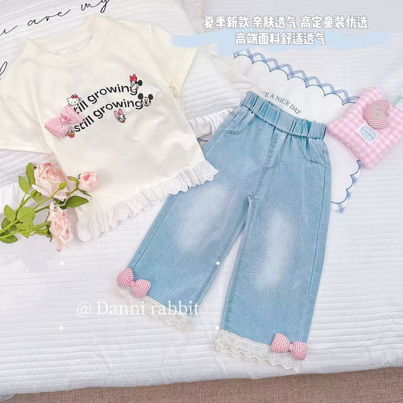 【Dannirabbit】立体蝴蝶结+时尚蕾丝边女童牛仔裤*X-7423