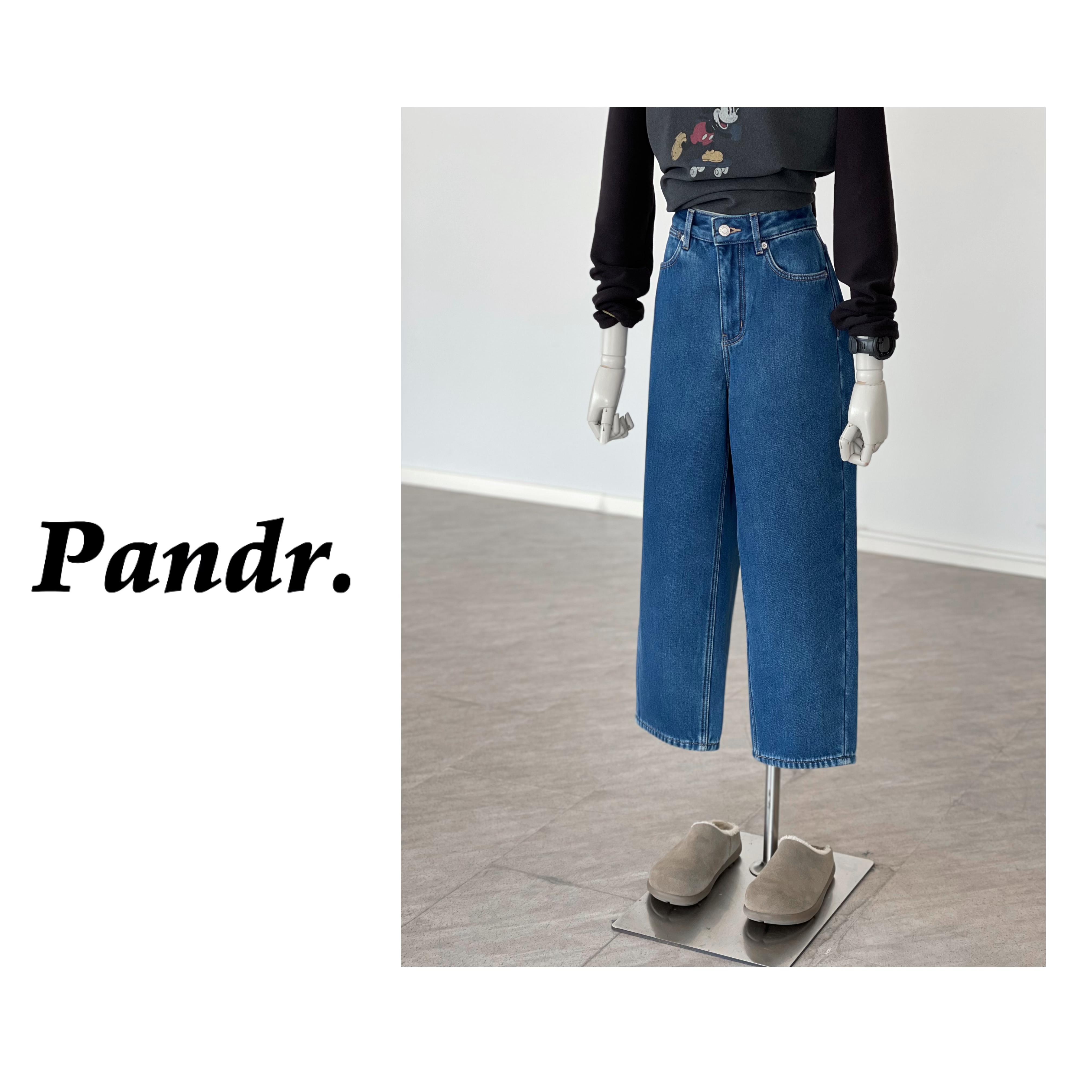 PANDR 经典美式街头加厚加绒复古牛仔裤女锥形遮肉显瘦九分休闲裤