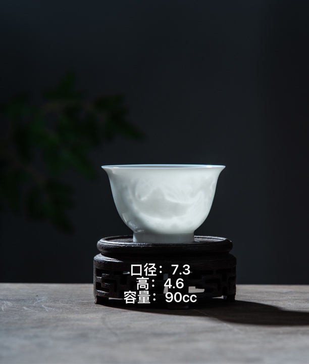 山月闲脱胎瓷 | 高温手工超薄胎内模印暗刻鱼藻主人杯90cc景德镇