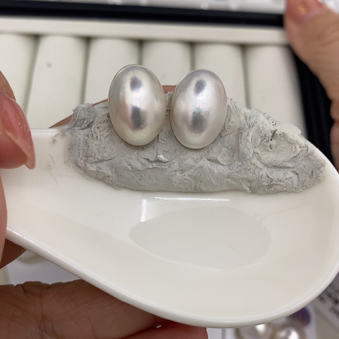 拼合珍珠（马贝珠）耳饰银S925镶嵌11-12 素钉