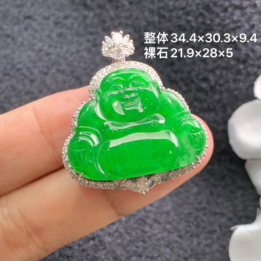 18k金镶嵌天然缅甸翡翠阳绿佛公吊坠34.4×30.3×9.4/21.9×28×5