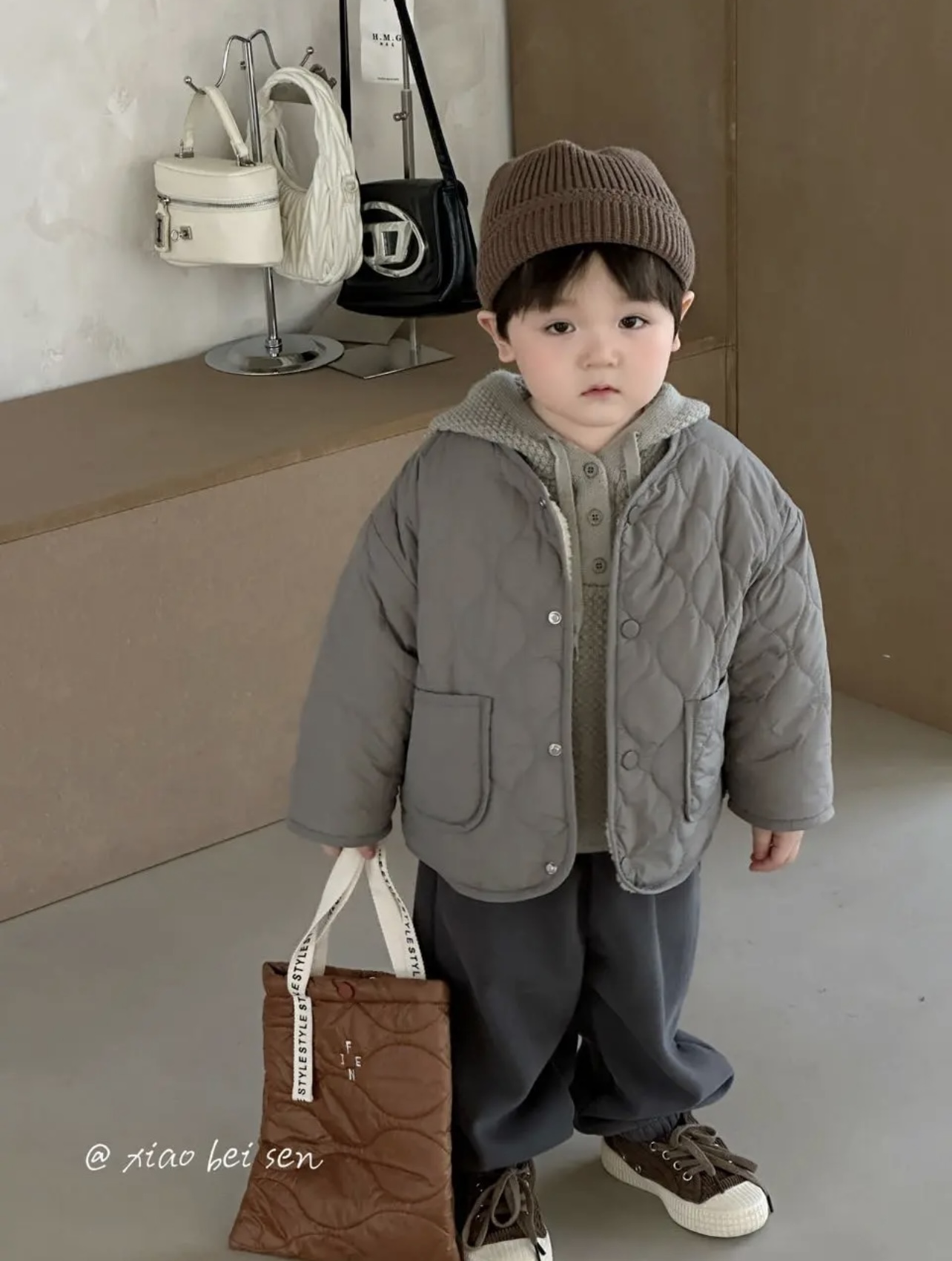 2025年秋冬男童小童潮酷时尚高品质菱格明线纯色加厚加绒夹棉套装