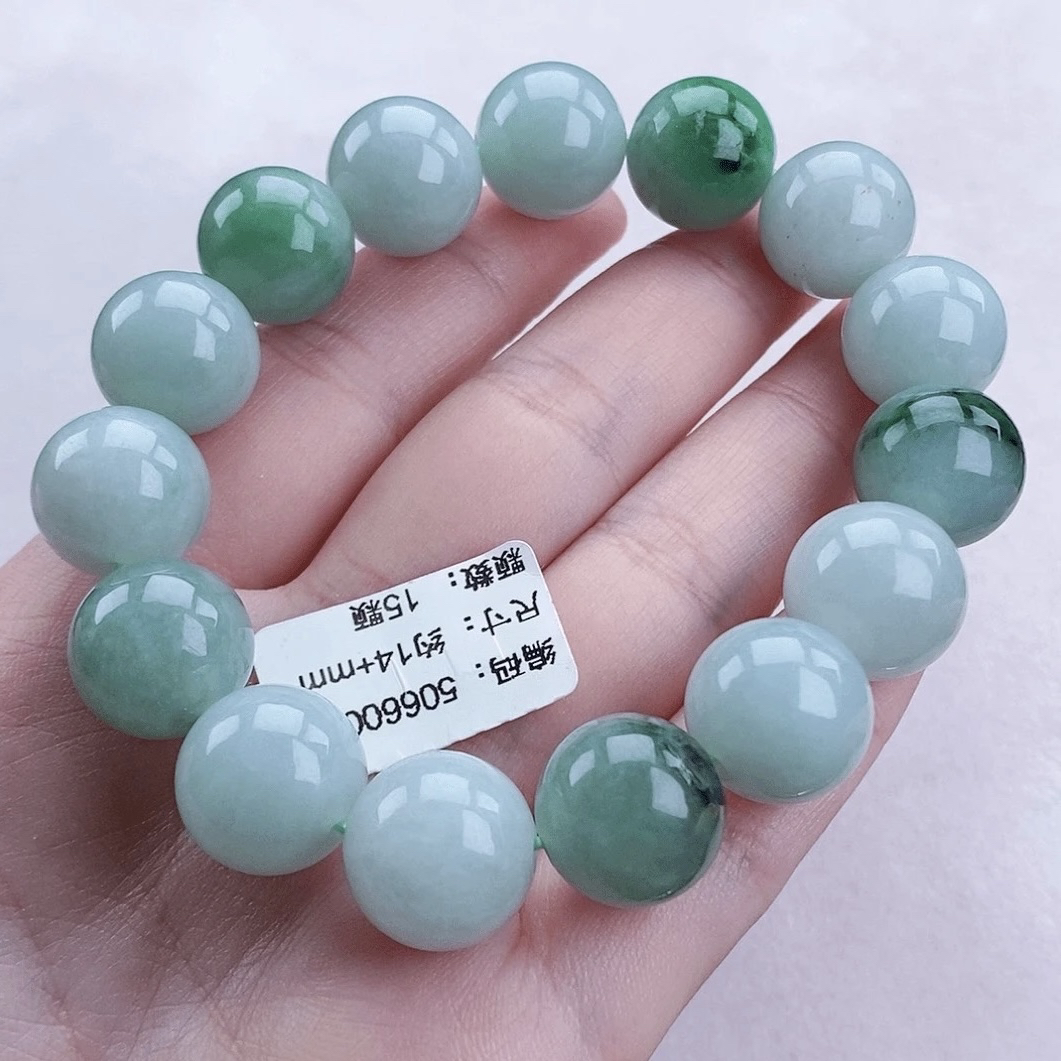 翡翠圆珠手串 卡14+ 缅甸天然冰飘绿花翡翠手串 男士 时尚 玉手串
