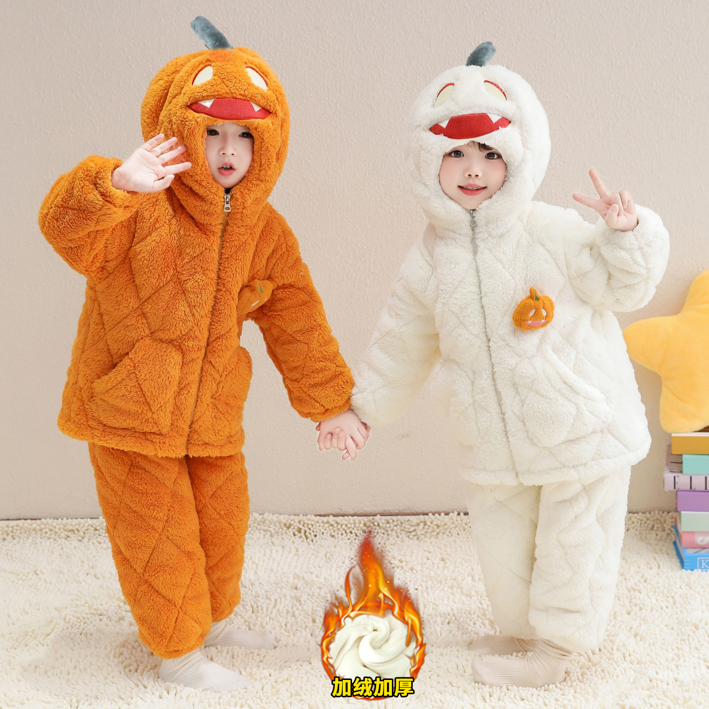 男女童三层夹棉保暖睡衣儿童2025新款珊瑚绒家居服连帽两件套冬款