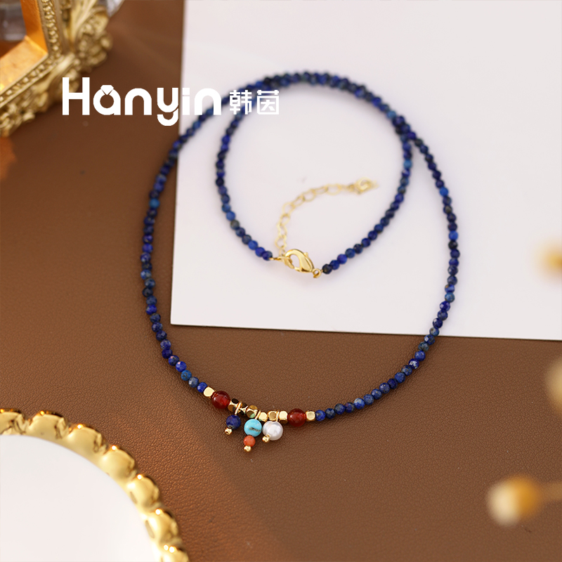 2mm多切面青金石搭配淡水珍珠原创设计项链