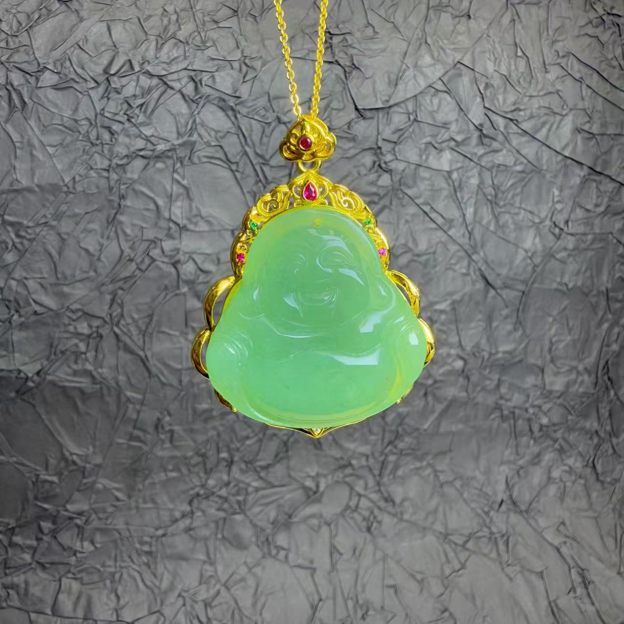 高定珠宝气质国风东陵玉大肚佛公吊坠-y2193合金-赠麻花链