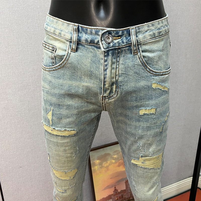 【四季款】1383浅蓝色破洞男士男款牛仔裤休闲修身九分裤/长裤裤子