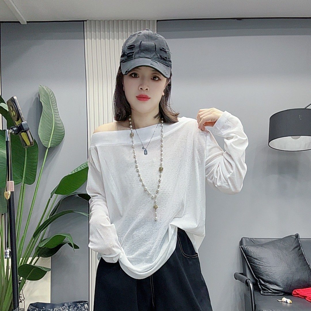 双双韩版宽松百搭防晒一字领长袖纯色T恤网红设计感ins休闲套头潮