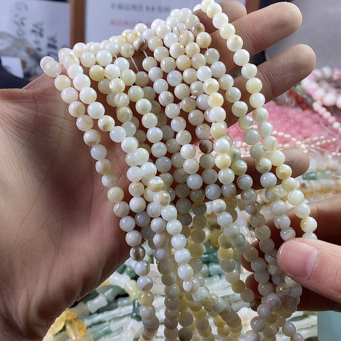 玛瑙/玉髓珠宝半成品合金一条天然6mm淡水贝壳圆珠A131