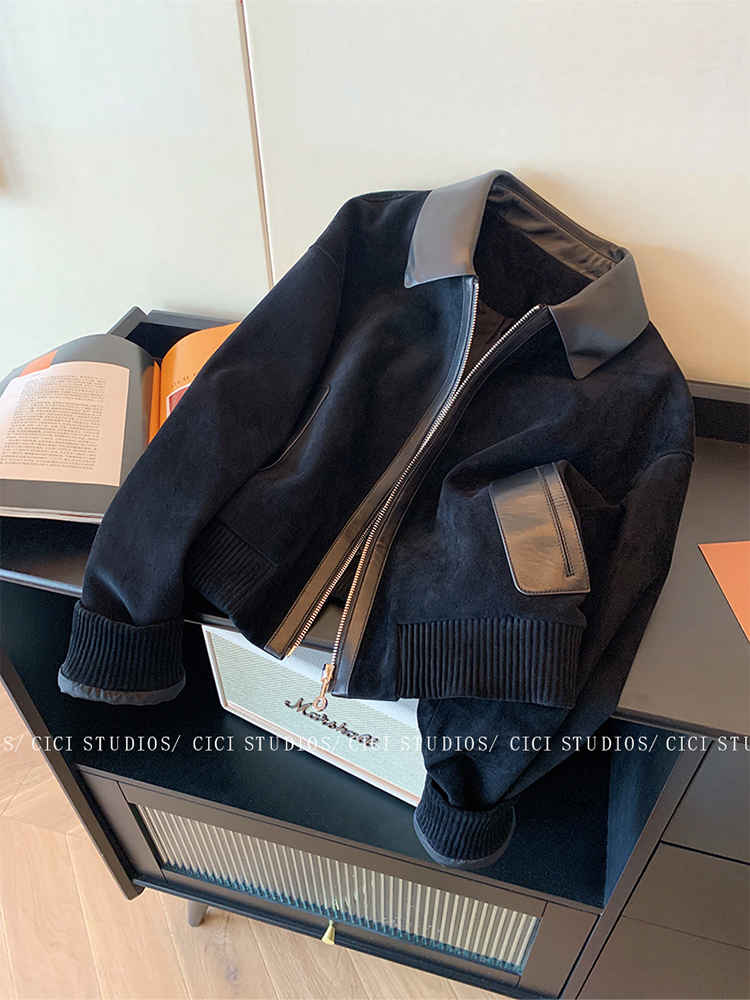 复古黑色拼皮翻领夹克外套女2025秋季新款高端麂皮绒显瘦短款上衣