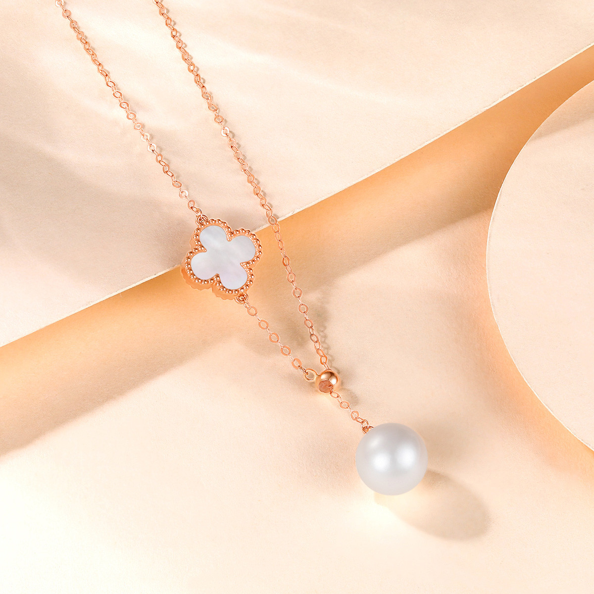 DEMONE/黛慕妮18K金白贝母四叶草项链珍珠流苏彩金女经典时尚款