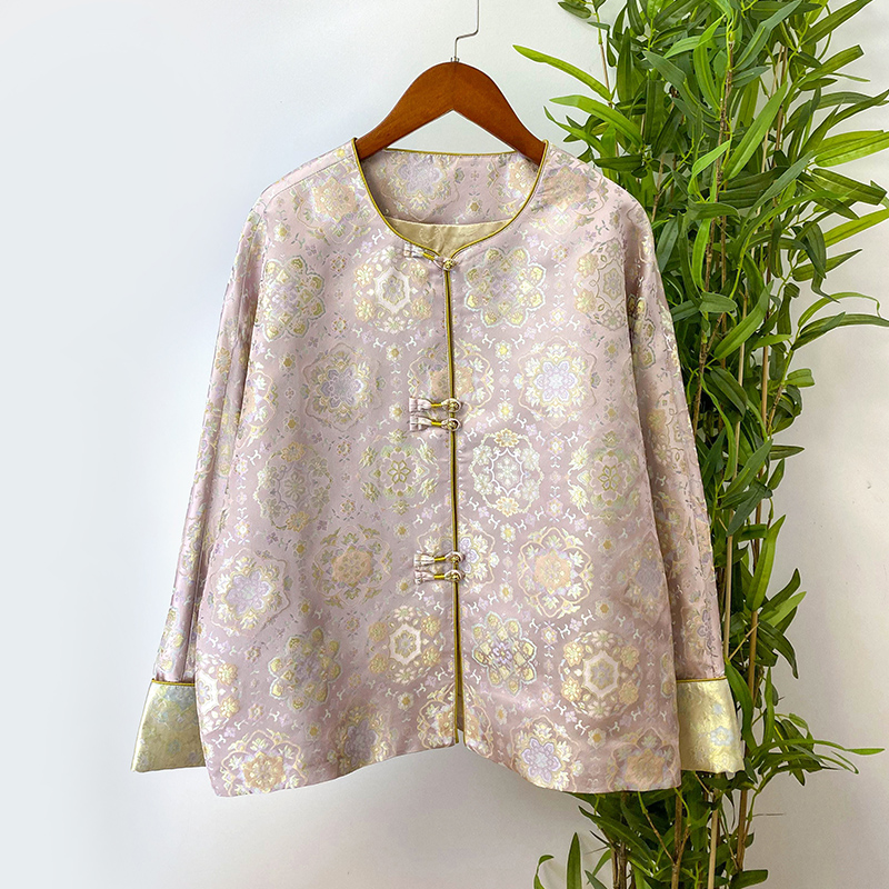【粉金宝相花】新中式国风圆领对襟时尚大气百搭秋冬款宋锦女士外套