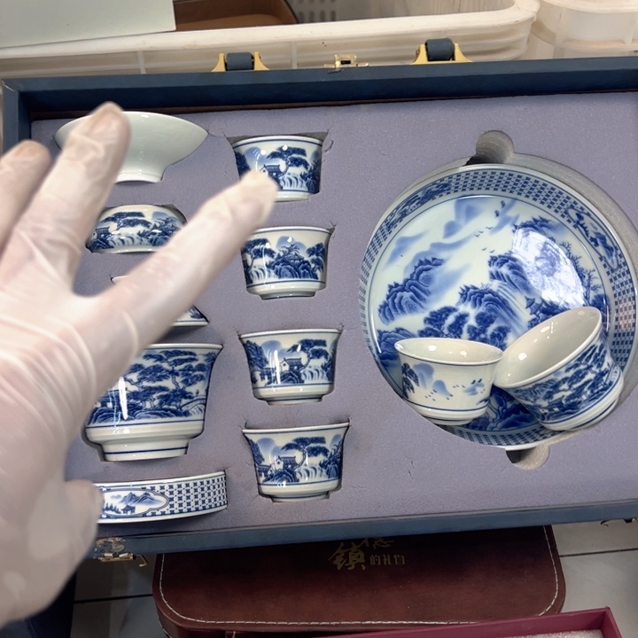 瓷片白青花山水十件套全品