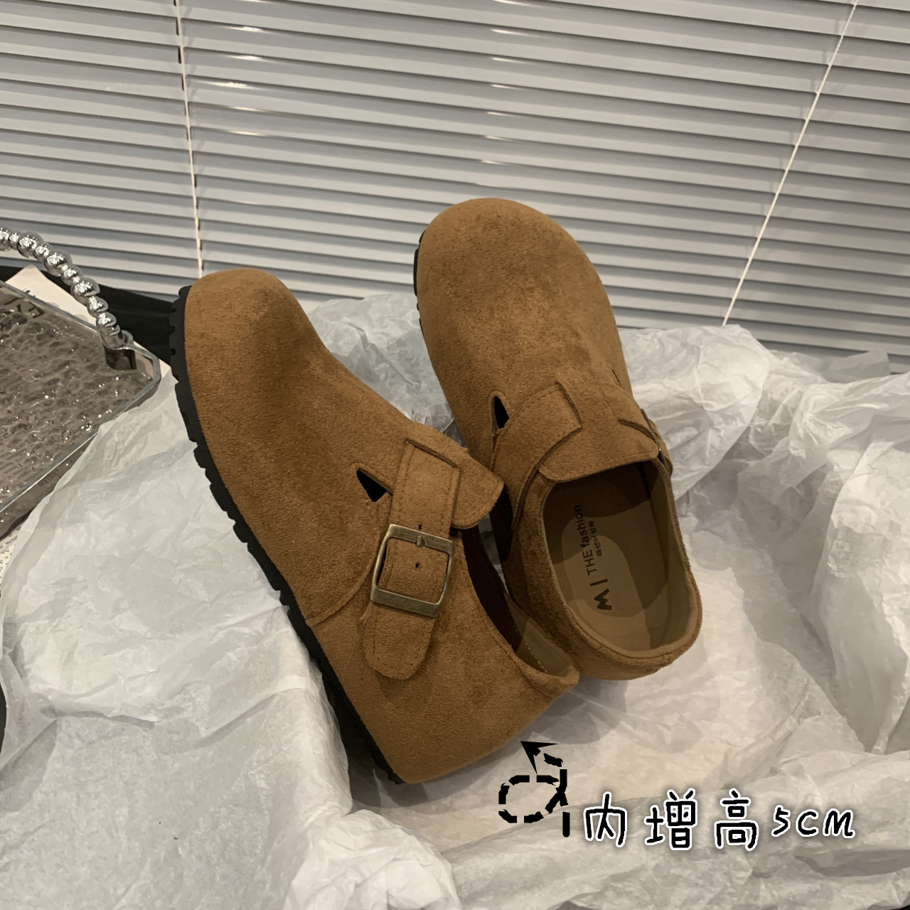 内增高5CM~厚底全包勃肯鞋春秋新款复古一脚蹬乐福鞋女鞋子豆豆鞋