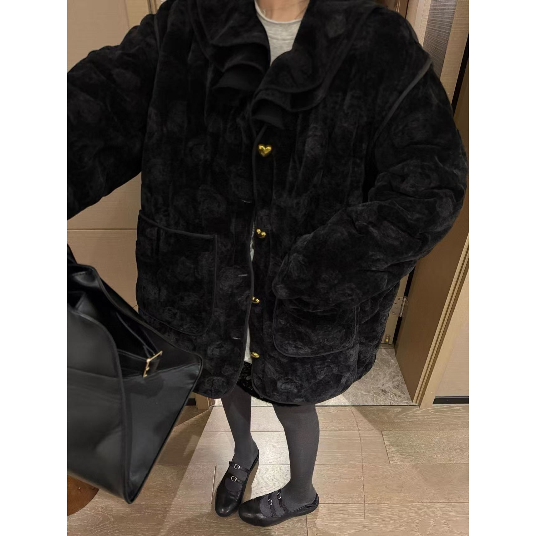 SP 花边领丝绒棉衣女冬季翻领宽松慵懒风中长款加厚保暖棉服