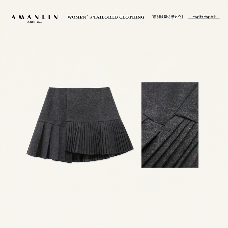AMANLIN/阿谩琳琥珀流光设计感不规则开叉半身裙高腰显瘦X603513