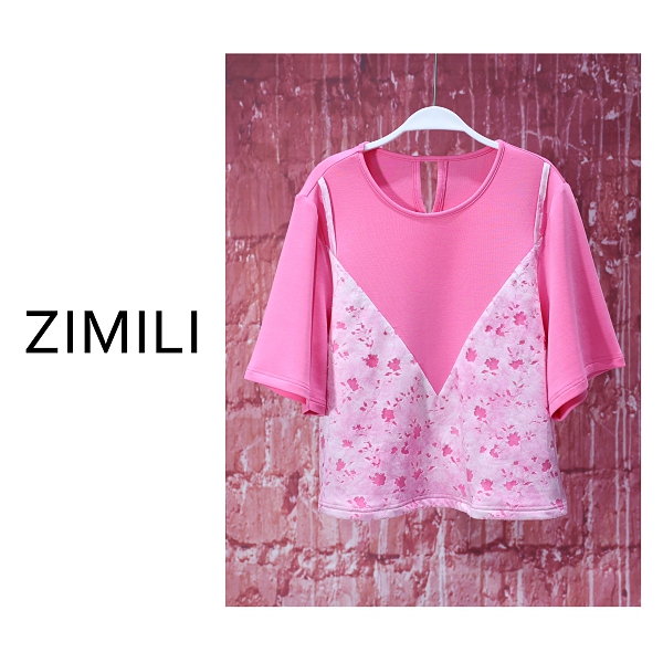 【亮哥女装】2025夏季轻薄透气莲花粉拼接网纱提花时尚休闲短袖8585