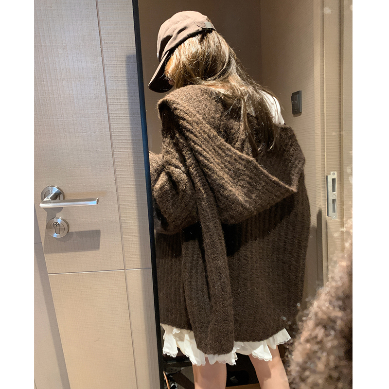 韩系慵懒风软糯连帽毛衣外套女秋冬季加厚中长款宽松针织开衫上衣