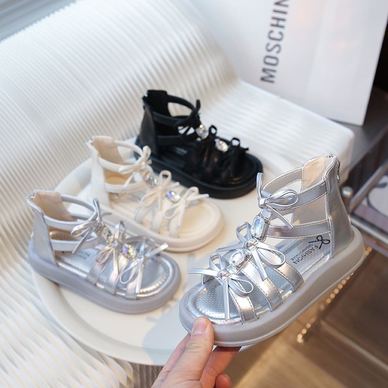 女童凉鞋2025夏季新款洋气高帮露趾沙滩鞋软底蝴蝶结女孩罗马凉鞋