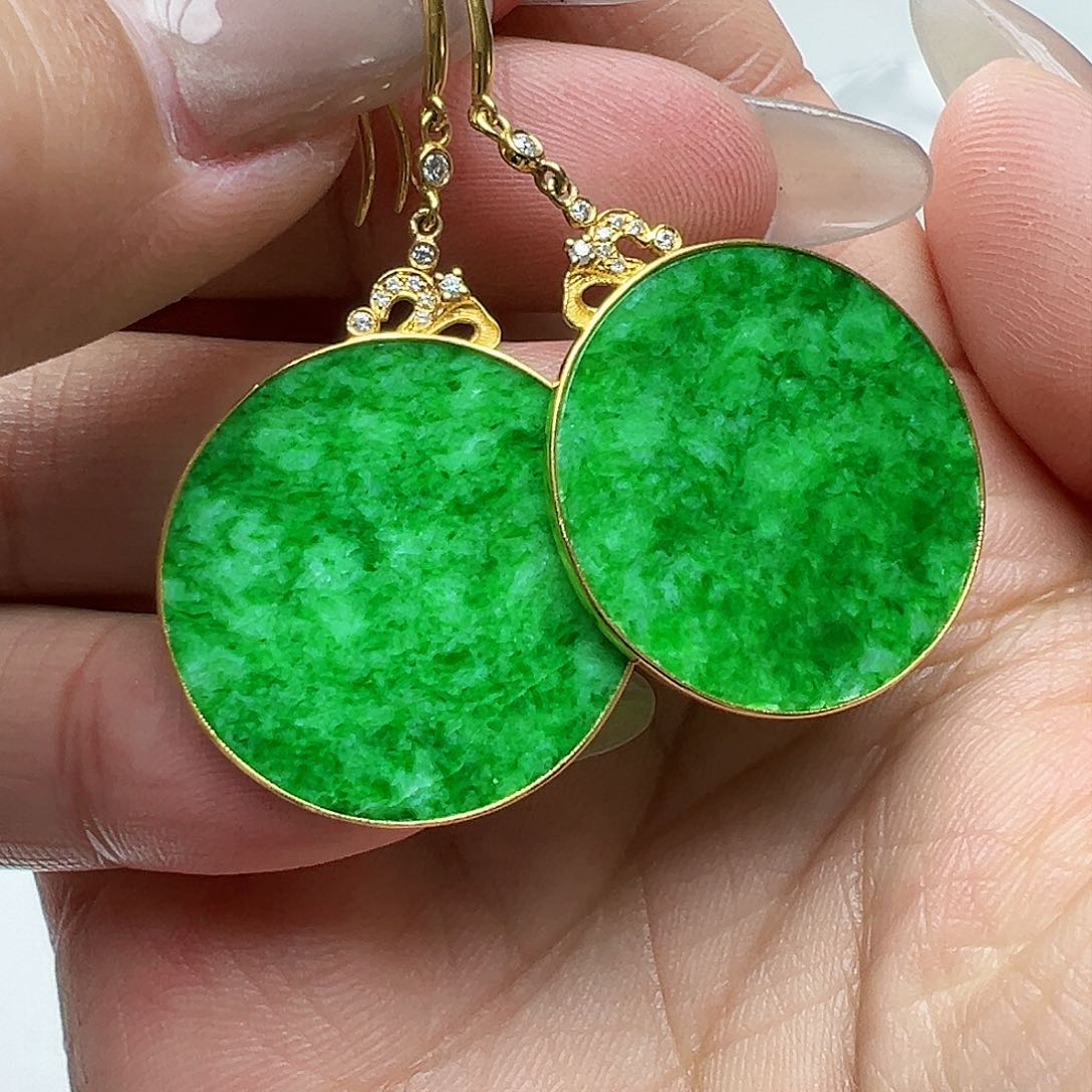 翡翠耳饰18K金镶嵌天然缅甸A货翡翠