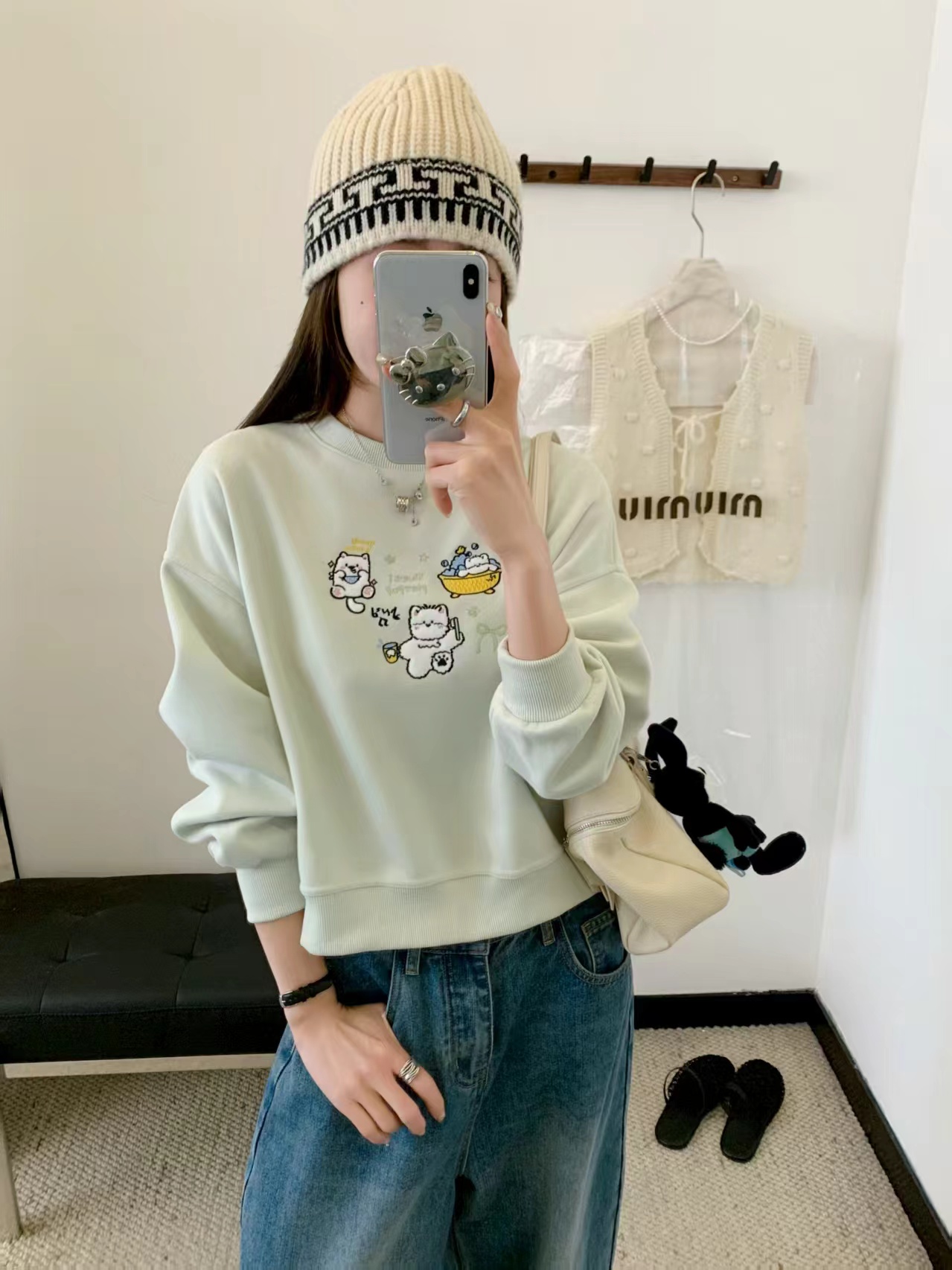不加绒衣长54左右 小个子高腰短款卫衣 秋款 3只猫咪刺绣 宽松