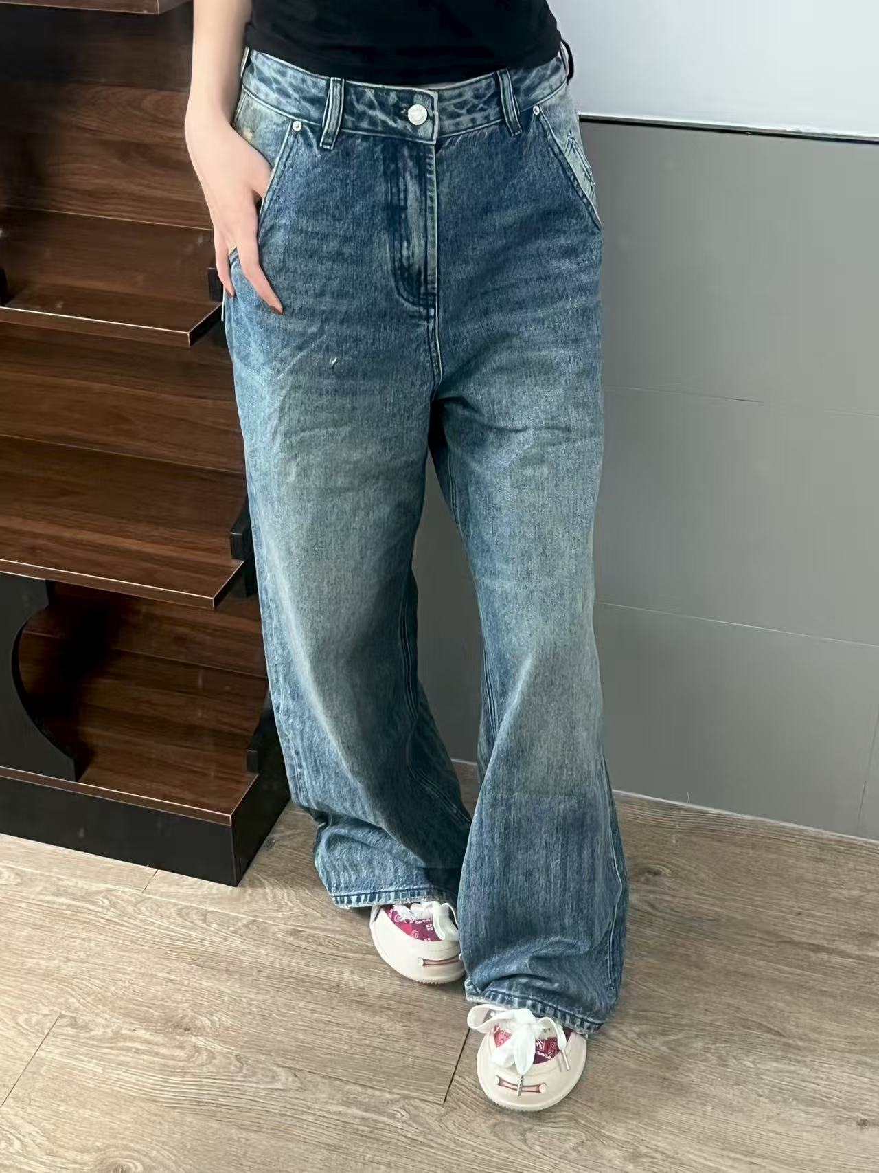 木木家复古港风高腰牛仔裤
