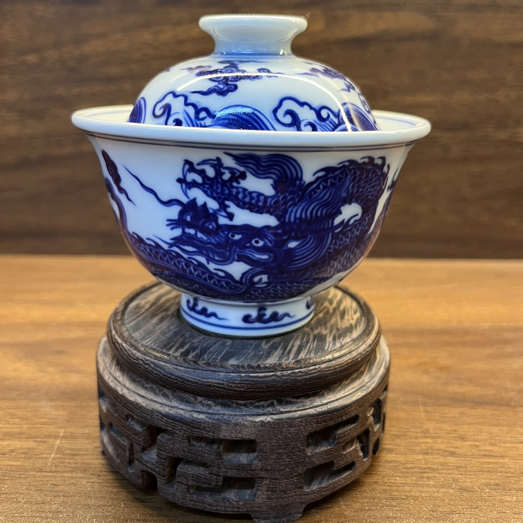 景德镇全手工手绘陶瓷仿明宣德龙盖碗 高端陶瓷茶具 盖碗