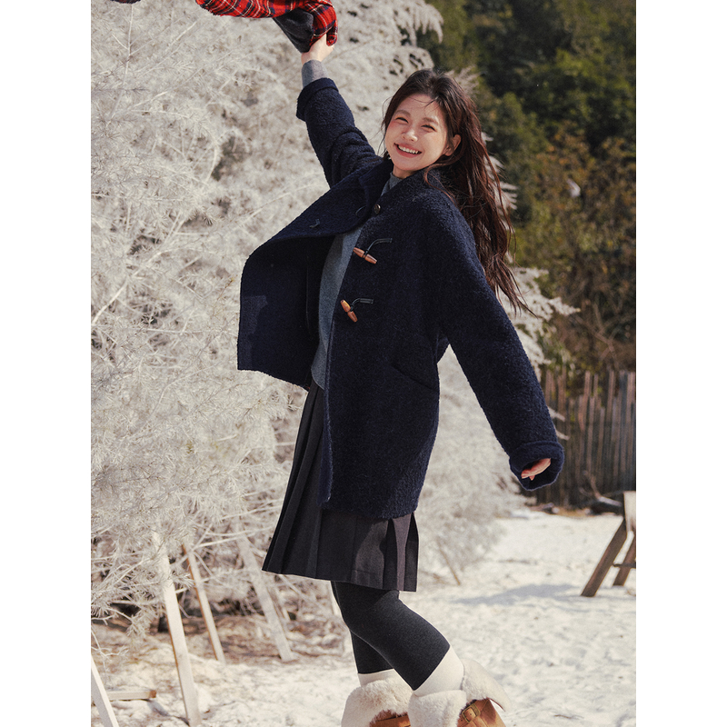 ALINDM【圈圈绒毛呢】大码微胖mm立领外套牛角扣双面大衣 AS27319