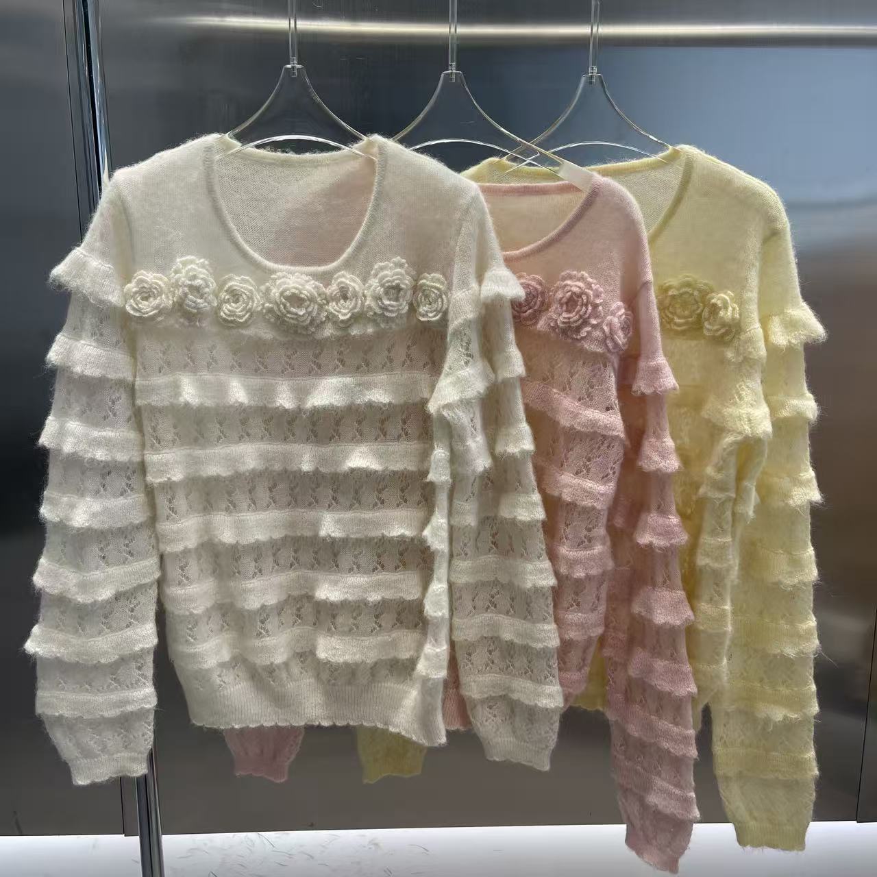 【BG原创轻奢】洋气温柔风设计感蕾丝木耳边拼接针织衫套装