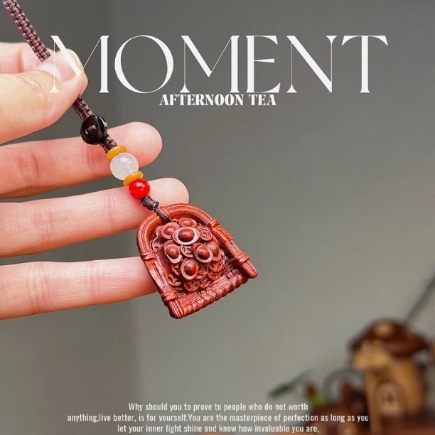 兜兜创意｜檀木紫檀木财源广进雕刻簸箕手机包钥匙扣配件