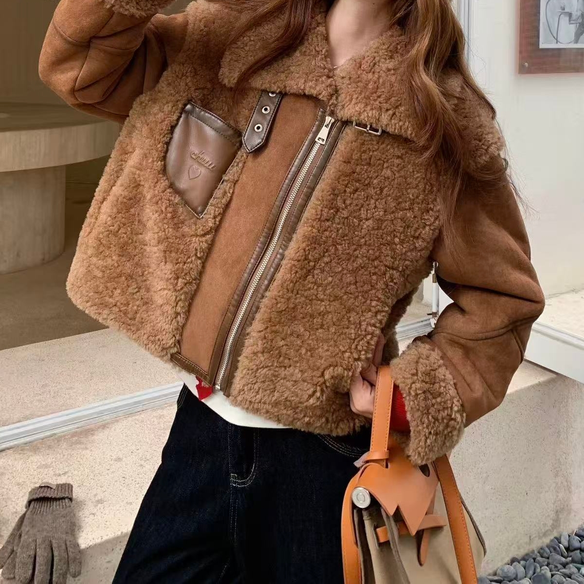 Z.X   毛毛拼接翻领麂皮外套  821（C7↑）