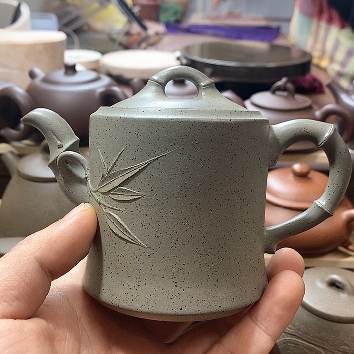 紫砂茶壶深***黑竹段壶 半手工制作