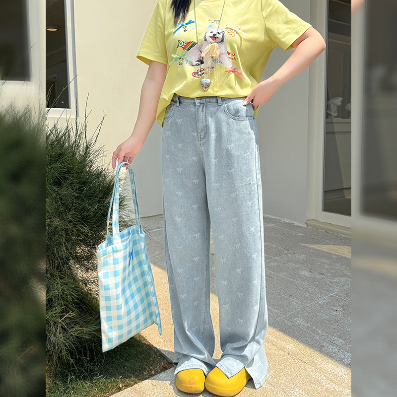 【霏霏专属】2025夏款大码女装蝴蝶结开叉牛仔裤-YC192