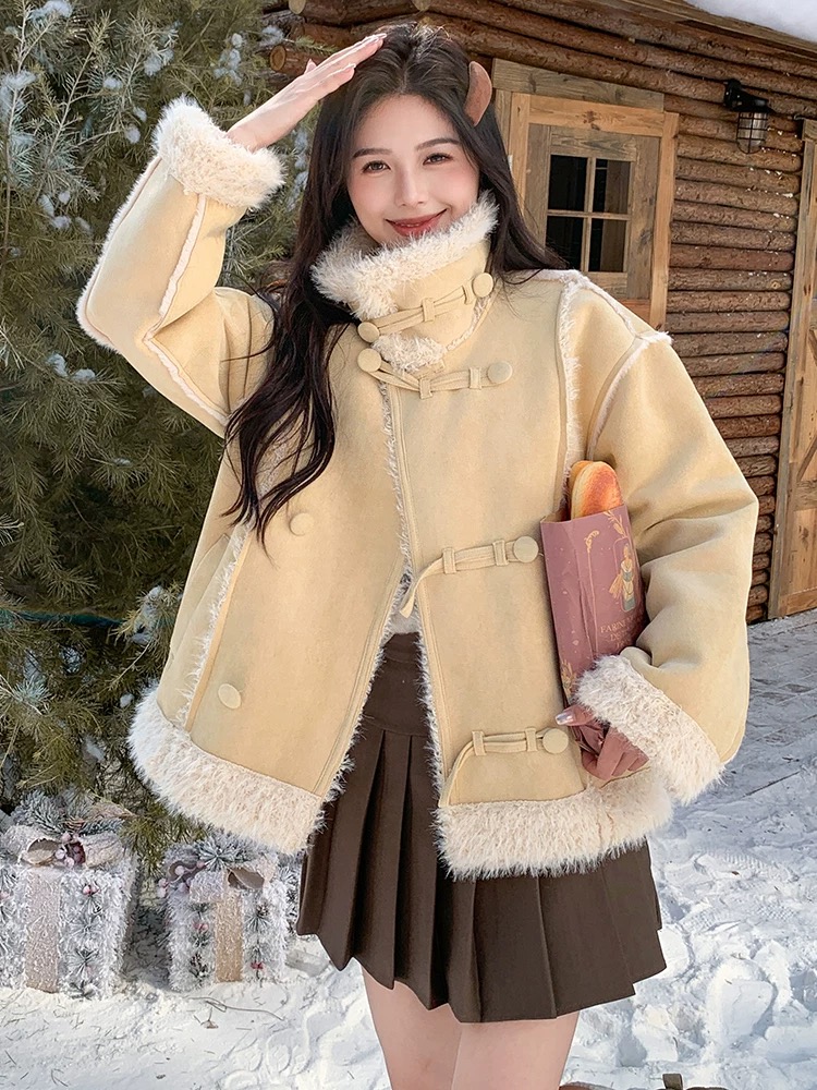 温柔甜美浅黄色机车服女2025冬季新款厚外套