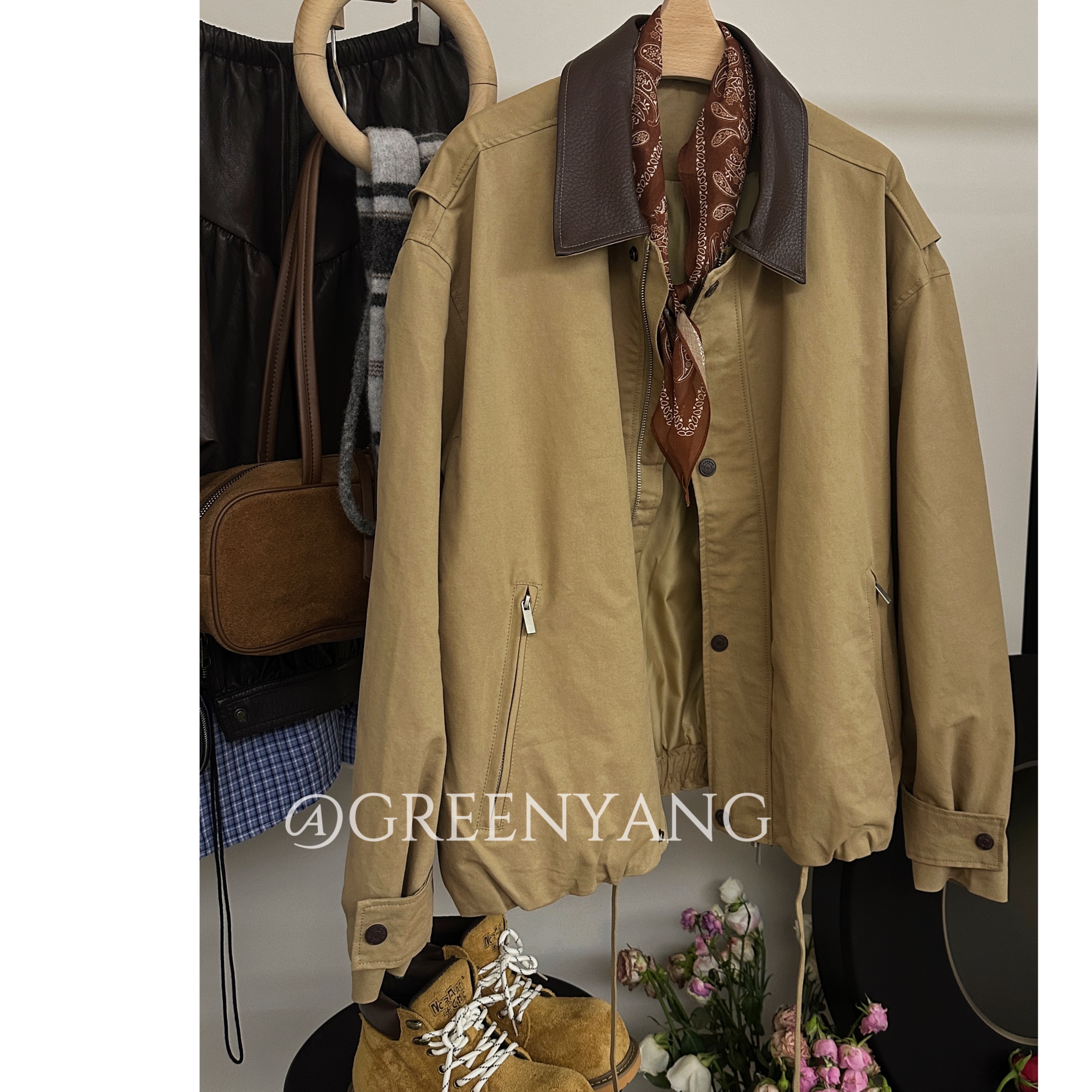 老羊家~韩系复古设计感拼接皮领夹克外套女2025新款复古情侣上衣